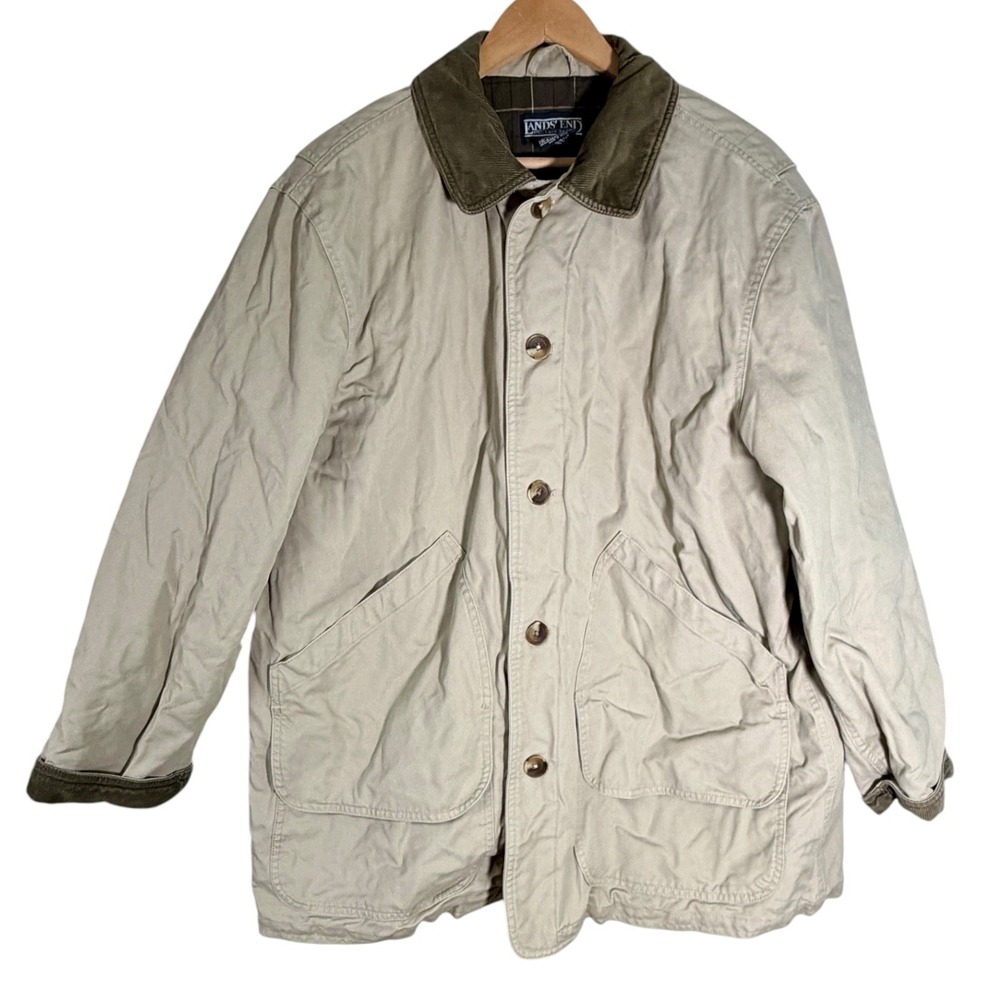 Vintage Lands End 90's Men's Chore Jacket Barn Coat‎ Flannel Corduroy Collar LG